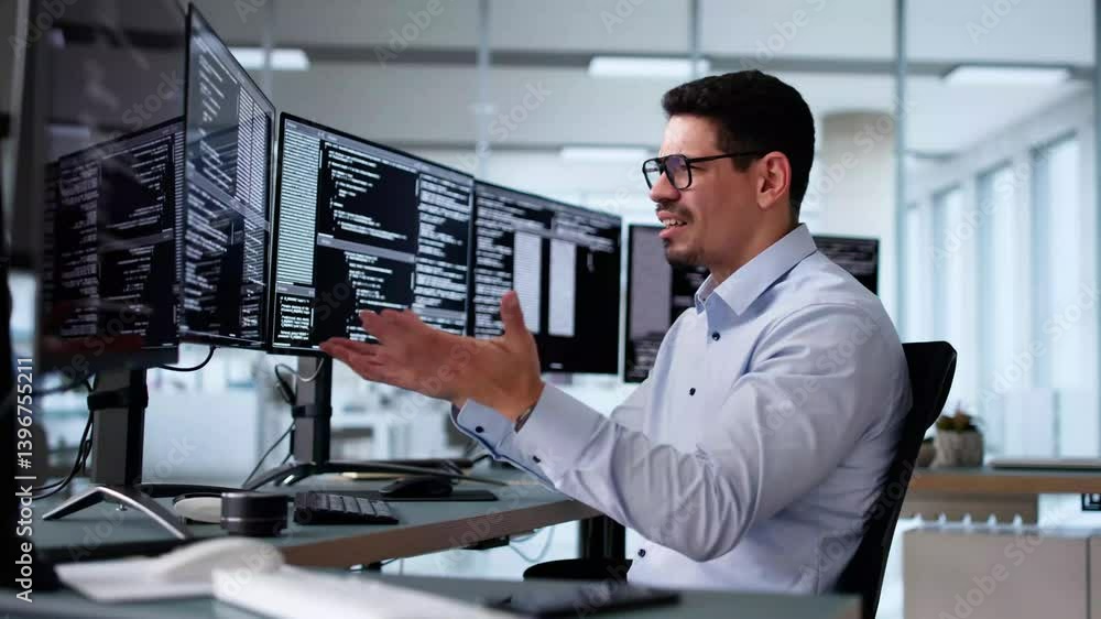 Poster Unhappy Sad Developer Programmer Man In Stress Coding Software