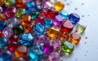 A vibrant assortment of colorful faceted gems and crystals scattered across a surface