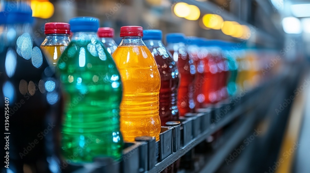 Poster a lively production plant is filled with rows of vibrant soft drink bottles in various colors, captu