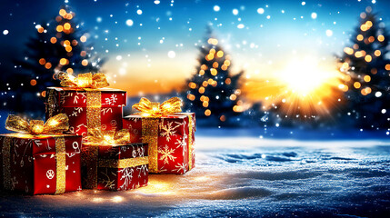 Many big red Christmas gift boxes and a beautifully lit Christmas tree and a wonderful winter landscape during Christmas.