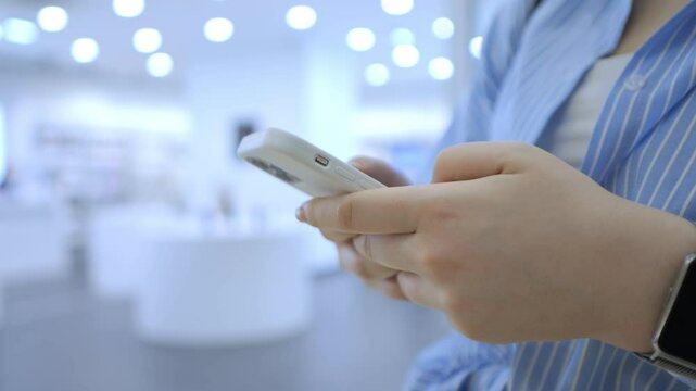 Woman is holding a cell phone in a store. The store is brightly lit and has a lot of white and blue items on display