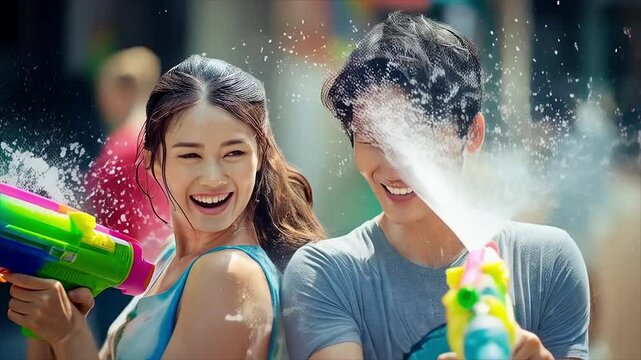 Happy traveler asian man and woman wearing summer shirt holding colourful squirt water gun over blur city, Water festival holiday concept