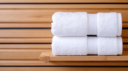 A serene setting featuring neatly rolled white towels resting on a wooden shelf against a backdrop of warm wooden panels, perfect for creating a calming atmosphere in any spa or ba