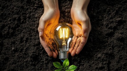 Renewable energy light bulb with green energy, Earth Day, and environmental protection concept, hands protecting forests with solar panels