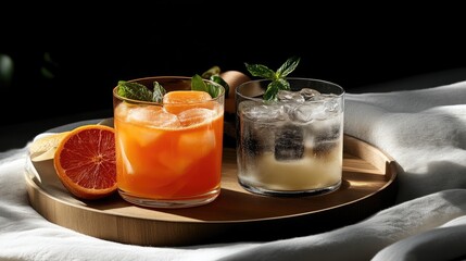 Fototapeta premium Two refreshing drinks, vibrant orange and light, served on a wooden tray