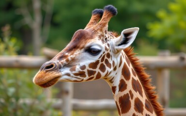 Obraz premium A close-up of a giraffe showcasing its distinctive patterns and features amidst a blurred natural background