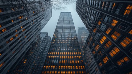Illuminated City Skyscrapers at Night with Birds in Flight