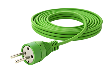 Green european power cord cable with plug on transparent background