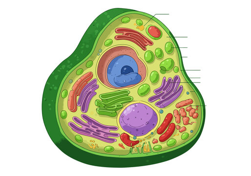 Plant Cell Cutaway Illustration. This image shows a detailed cross-section of a plant cell highlighting its organelles like chloroplast, nucleus, and vacuole. Biological art design.