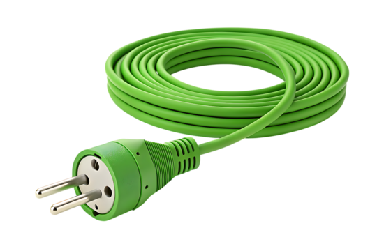 Green european power cord cable with plug on transparent background