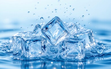 A cluster of clear ice cubes splashing into reflective water, creating vibrant droplets and ripples