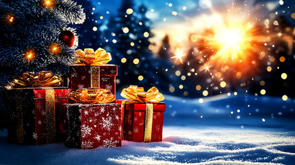 Many big red Christmas gift boxes and a beautifully lit Christmas tree and a wonderful winter landscape during Christmas.
