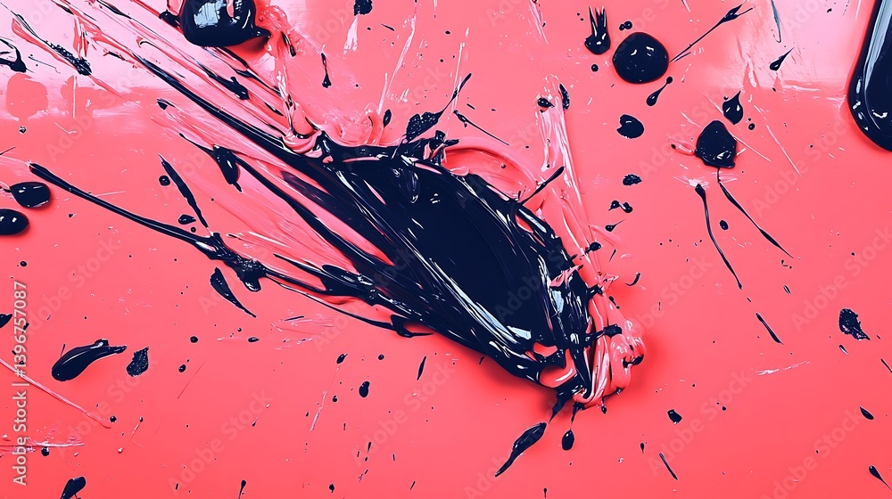 Poster abstract close-up of vibrant red paint with black splashes creating dynamic textures and patterns