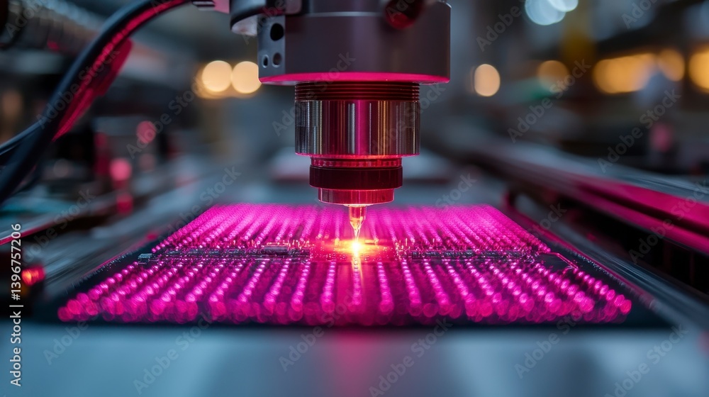 Poster machine works on a circuit board with pink light in a precise, industrial setting