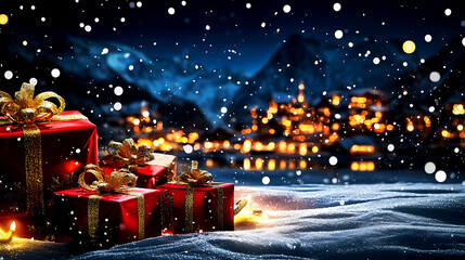 Many big red Christmas gift boxes and a beautifully lit Christmas tree and a wonderful winter landscape during Christmas.