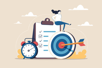 Productivity, project management or efficiency to finish work and reach business goal, time management concept, productive business woman working with computer laptop on checklist and alarm clock.