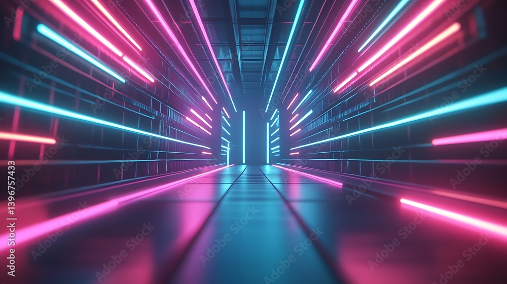 Poster futuristic corridor illuminated by vibrant neon lights, creating a dynamic atmosphere for exploratio