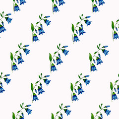 Watercolor summer flower. Bells and butterflies seamless pattern, floral on a white background template. Modern pattern