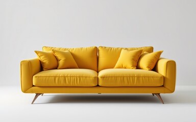 Fototapeta premium A vibrant yellow sofa with several plush pillows, set against a minimalist light backdrop