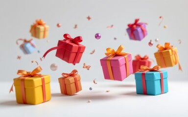 Colorful presents with ribbons float against a minimal background, creating a festive and cheerful atmosphere