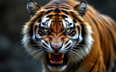 Fototapeta premium A close-up view of a fierce tiger displaying its sharp teeth and striking eyes, showcasing its powerful presence