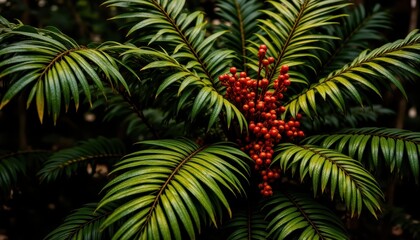 Fototapeta premium beautiful red green yellow jungle of lush palm leaves photo.