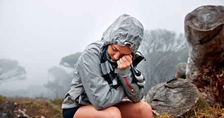 Crying, hiker or woman in outdoor nature with grief, stress or burnout on adventure and trekking...