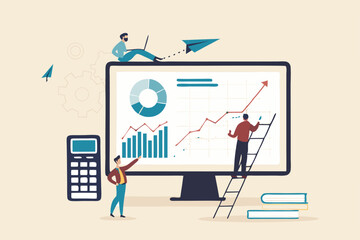 Data analysis, financial dashboard or accounting, corporate revenue or investment profit, tax, budget or marketing strategy concept, business people working with financial dashboard and calculator.