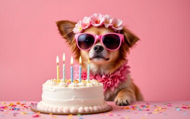 A playful dog with sunglasses and a floral crown sits beside a birthday cake with candles