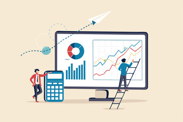 Data analysis, financial dashboard or accounting, corporate revenue or investment profit, tax, budget or marketing strategy concept, business people working with financial dashboard and calculator.