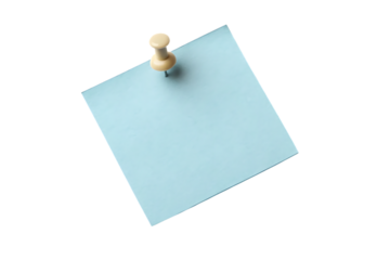 Blue sticky note pinned with push pin on transparent background