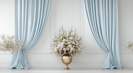 Light blue drapery with a lavish arrangement of white flowers in a golden vase.