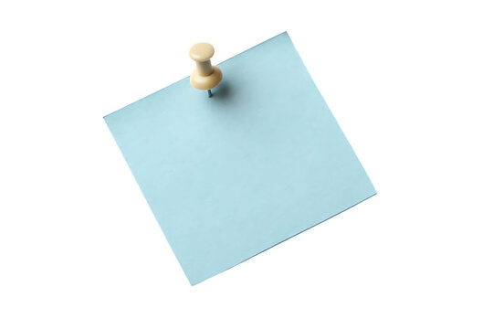 Blue sticky note pinned with push pin on transparent background