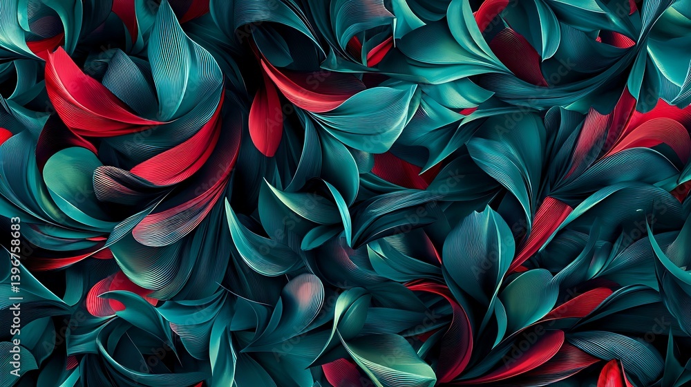 Poster vibrant abstract design featuring swirling teal and red leaves creating a dynamic visual pattern