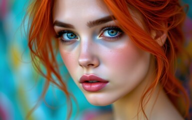 Fototapeta premium A portrait featuring a model with striking orange hair and vivid blue eyes, set against a colorful, abstract background