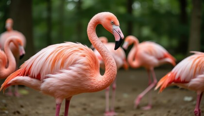 closeup of pink flamingo in wild nature, photo.