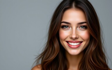 Naklejka premium A portrait of a smiling individual with beautifully styled hair and radiant skin, set against a neutral background