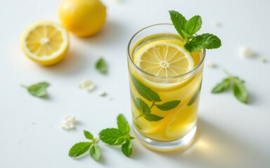 Fototapeta premium A refreshing lemonade with slices of lemon and fresh mint leaves garnishing a glass