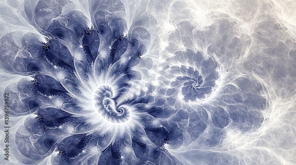 Poster intricate blue and white fractal spiral design showcasing swirling patterns and depth