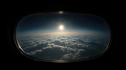 A sunlit view from an airplane window, showing a vast expanse of clouds stretching to the horizon
