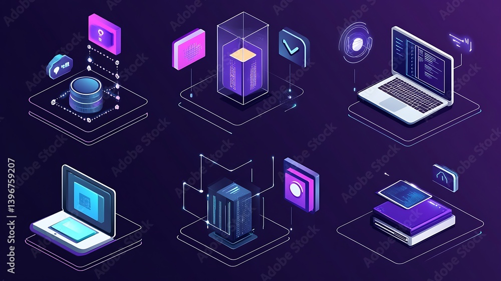 Aufkleber digital technology icons showcasing data storage, processing, and analysis in a modern workspace