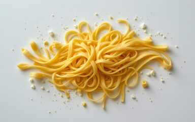 A pile of uncooked pasta arranged artistically on a flat surface with scattered flour