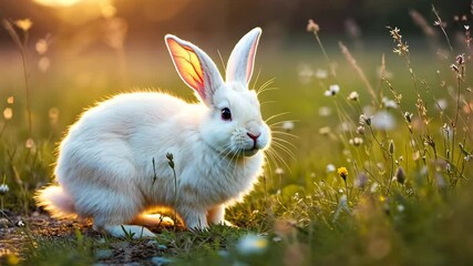 Beautiful white rabbit standing on green grass in a sunny meadow, close-up portrait, nature, summertime, springtime, looking at camera, sunrise, sunset - Powered by Adobe