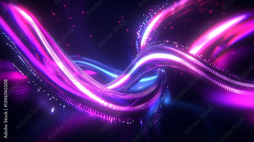 Poster vibrant abstract digital waves of pink and blue light flowing through a dark space, creating a dynam