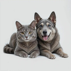 Fototapeta premium gray cat and dog sitting on white isolated