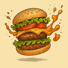 Cartoon Double Hamburger with Cheese and Vegetables Illustration