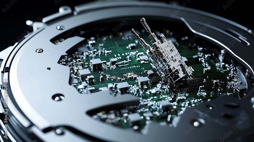 Poster close-up view of intricate electronic components within a watch, showcasing technology and design