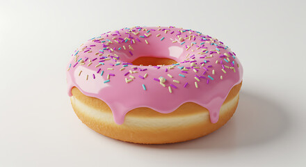 Delicious pink frosted donut with colorful sprinkles on an bright background