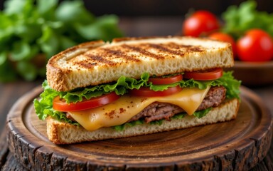 A delicious sandwich layered with lettuce, tomato, and cheese on toasted bread, resting on a wooden surface
