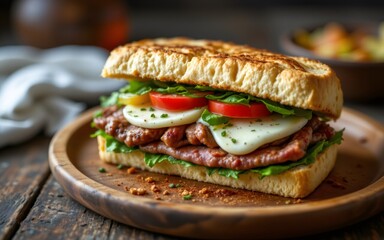 A delicious sandwich layered with grilled meat, cheese, fresh vegetables, and served on toasted bread